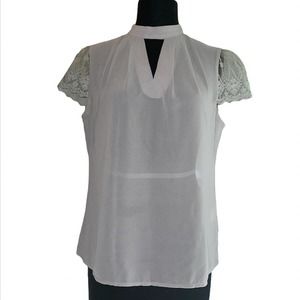 Sheer Light Grey Blouse with Lace Cap Sleeves - Size Med